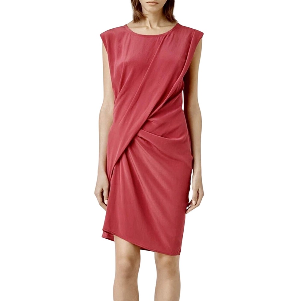 All Saints Women's Draped Twist Front 100% Silk Sheath Miniโ Dress Coral Size 6
